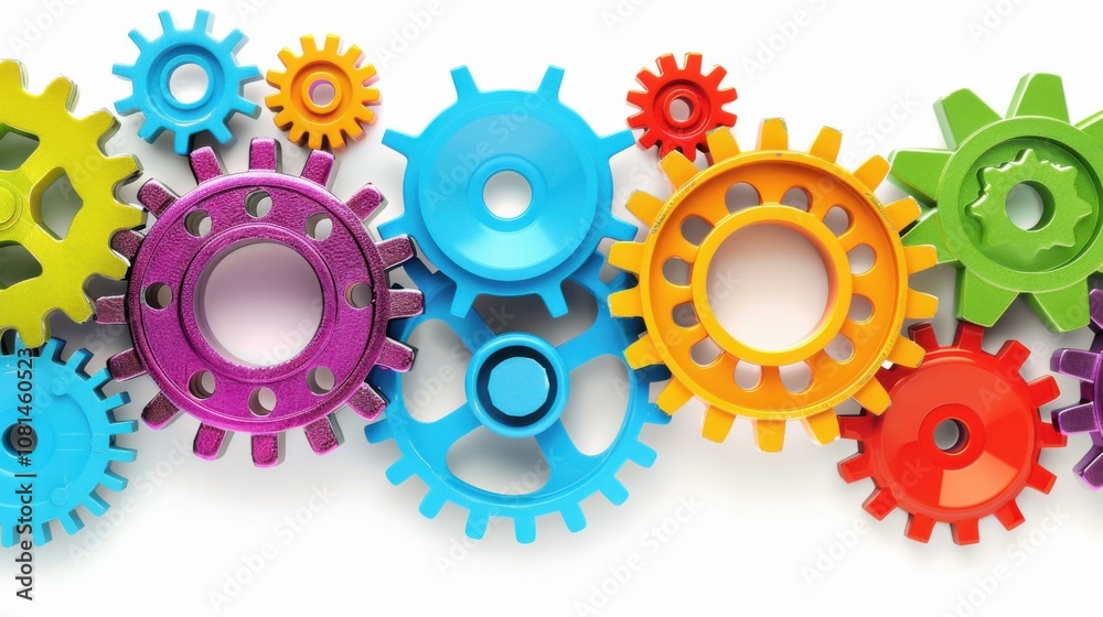 Aufkleber A conceptual image of diverse gears interlocking in various colors against a seamless white backdrop, Reflecting cooperation and diversity, photography style
