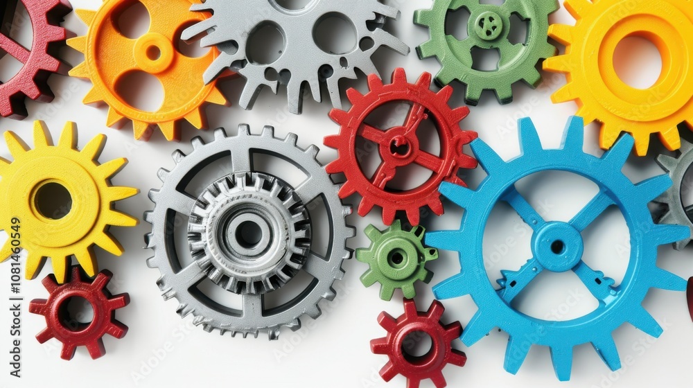 Poster A conceptual image of diverse gears interlocking in various colors against a seamless white backdrop, Symbolizing cooperation and diversity, photography style