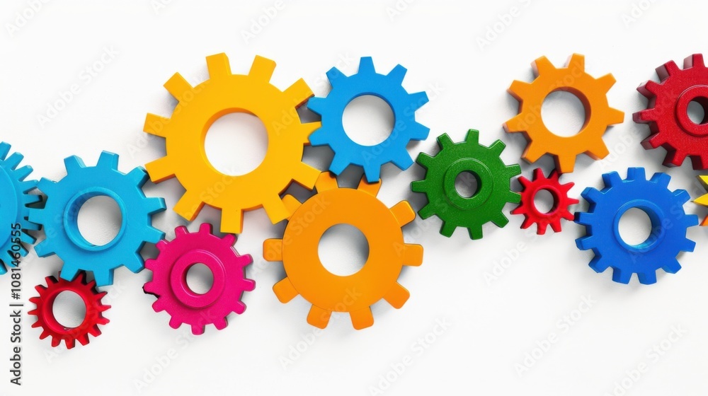 Poster A conceptual image of diverse gears interlocking in various colors against a seamless white backdrop, Symbolizing cooperation and diversity, photography style