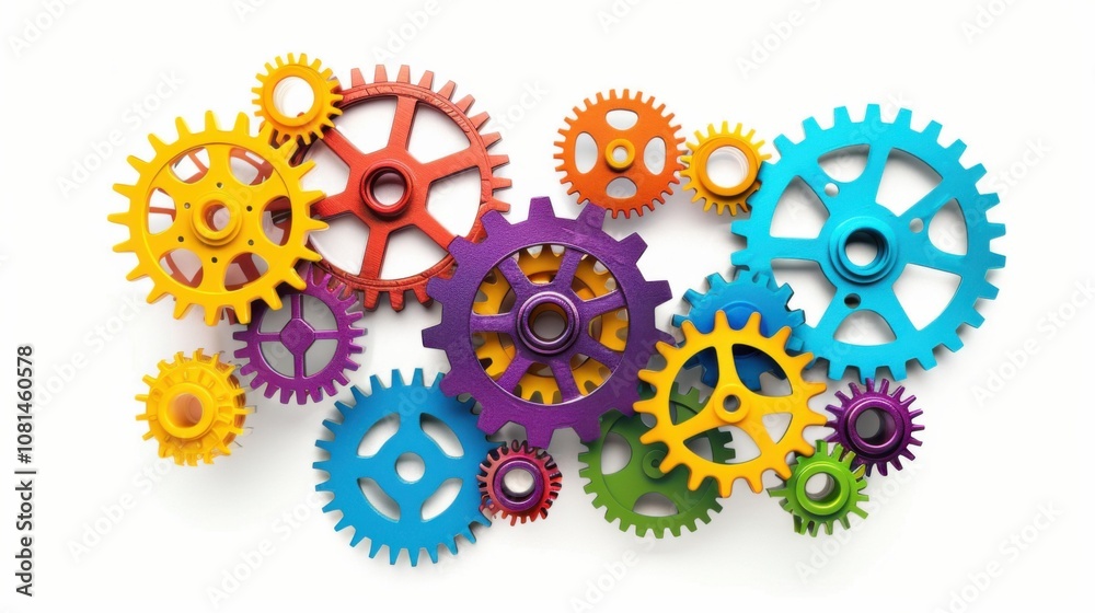 Poster a conceptual image of diverse gears interlocking in various colors against a seamless white backdrop