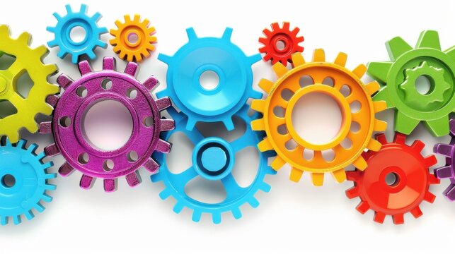 A conceptual image of diverse gears interlocking in various colors against a seamless white backdrop, Reflecting cooperation and diversity, photography style