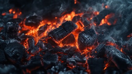 Closeup of glowing embers and smoke