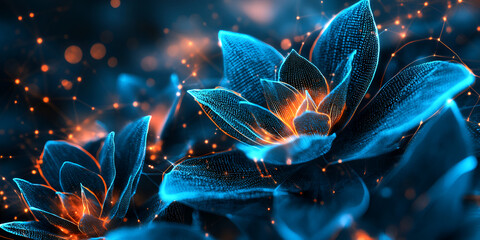 Blue and Orange Glow: A vibrant and ethereal image of two blue flowers with orange glowing particles surrounding them. The abstract design showcases a beautiful interplay of light and color.