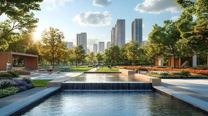 Fototapeta premium parks, lawn, greenery, tree, flowers, pond, fountain, peace, space, healing, air, nature, urban design, living, relaxation, design, garden, building, architecture, water, city, park, sky, view, tree, 