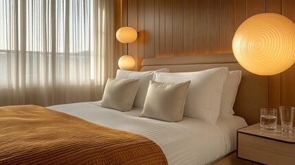 A modern bedroom with a wooden wall, a large bed, and two pendant lamps.