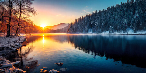 Fototapeta premium sunrise in winter view on serene lakeside realistic illustration