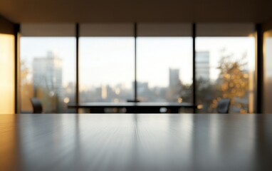 Fototapeta premium A high-quality 3D rendering of a blurred, empty modern boardroom featuring a large conference table and panoramic windows offering a cityscape view. 