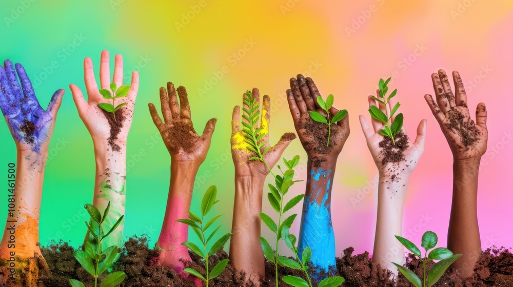 Poster a conceptual image of diverse hands planting seeds of change in soil against a gradient background, 
