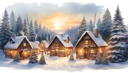 Naklejka premium A picturesque Scandinavian Christmas village adorned with snow, candlelight, and cozy wooden cottages at dusk. Generative AI