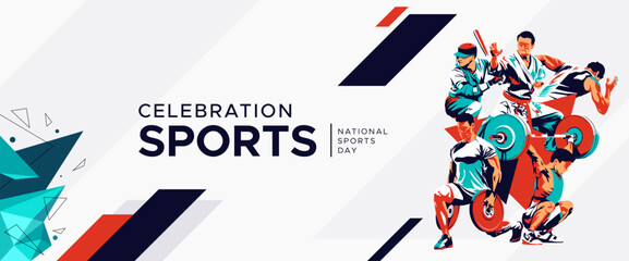 National championship sports banner design with illustrations of martial arts athletes, weightlifters, runners and base ball players. Abstract silhouette style isolated on sporty abstract background