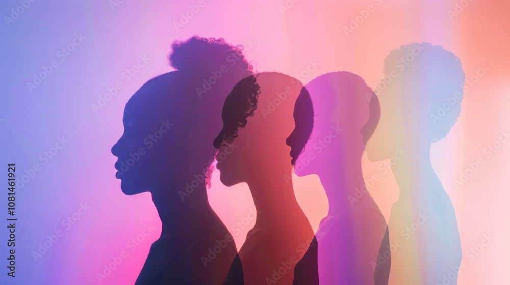 Poster A conceptual image of diverse human silhouettes merging into one another against a gradient background, Illustrating unity in diversity, photography style