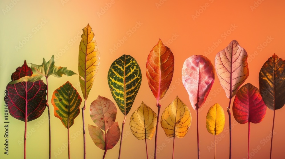 Poster a conceptual image of diverse leaves of different shapes and colors growing together against a gradi