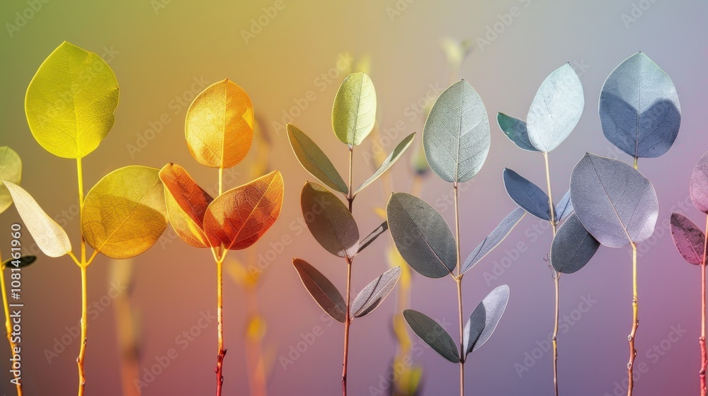 Poster a conceptual image of diverse leaves of different shapes and colors growing together against a gradi