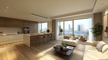 Fototapeta premium Beige kitchen with a functional bar counter, bright open space, and soft neutral tones for a modern and airy atmosphere