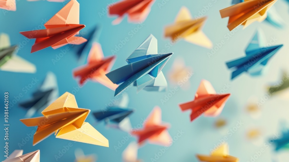 Poster a conceptual image of diverse paper airplanes of different colors soaring towards a common destinati