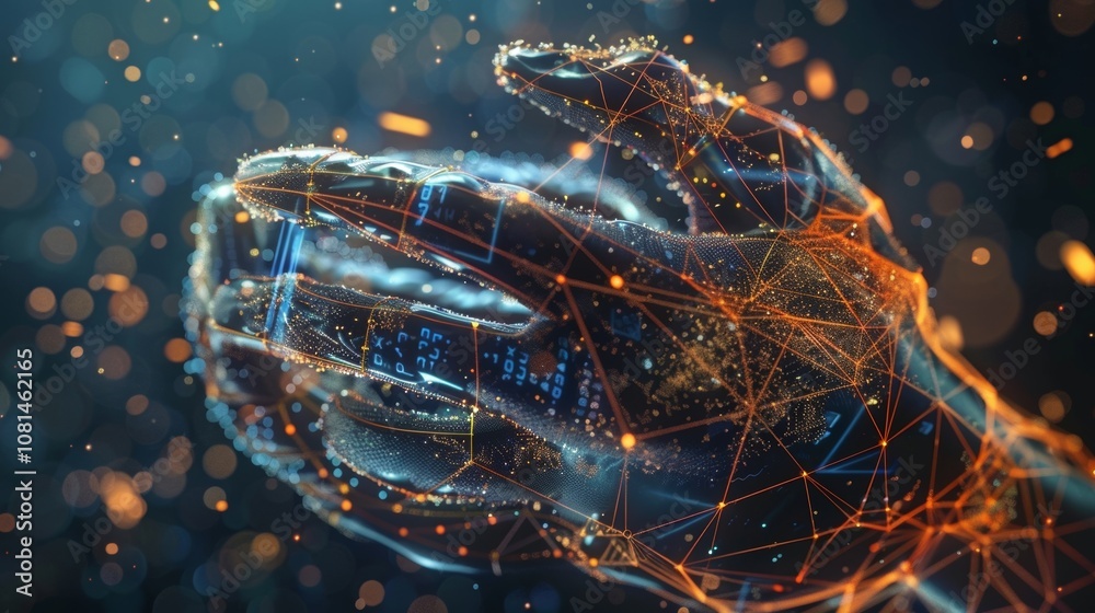 Poster glowing polygonal hand interacting with digital data streams and computer code, symbolizing future t