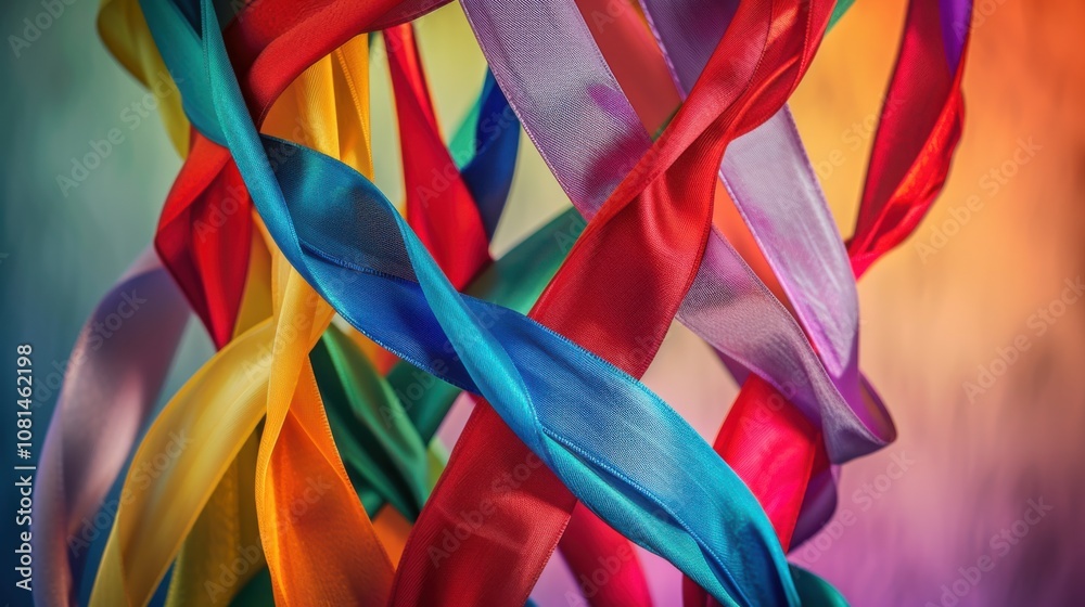 Poster a conceptual image of diverse ribbons weaving into a unified tapestry against a gradient backdrop, s