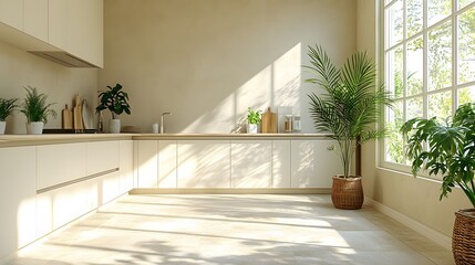 Spacious beige kitchen with a clean bar counter, simple yet sophisticated finishes, and a bright airy atmosphere