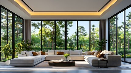 Fototapeta premium Modern living room with sleek contemporary furniture, clean surfaces, bright open space, 3D rendering, minimal decor