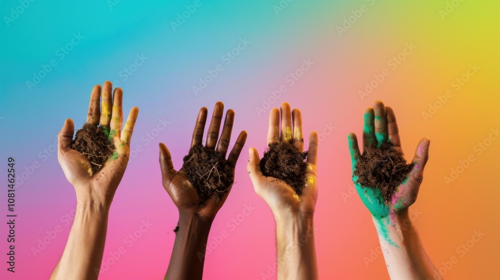 Poster a conceptual image of hands of different ethnicities planting seeds of change in soil against a grad
