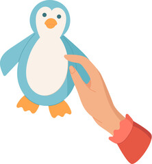 Hand holds a cute penguin toy in a colorful cartoon graphic style. The image captures the joy of craft and DIY activities for children. Concept of creativity, playfulness, and artistic expression.