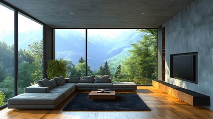 Fototapeta premium Minimalist contemporary living room with spacious layout, modern furniture, and open space, 3D rendering with no clutter