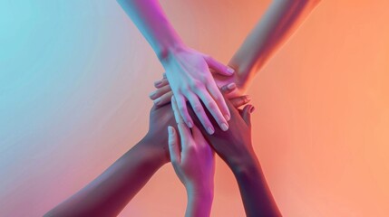 A conceptual image of overlapping hands of different ages and genders forming a protective shield against a gradient background, Promoting inclusivity and protection, photography style