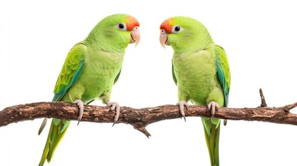 Fototapeta premium Two green parrots with orange heads perched on a branch facing each other.