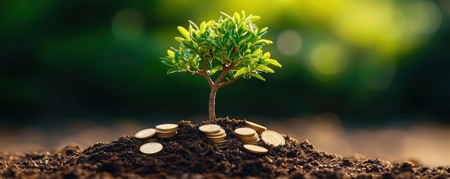 Small tree growing coins soil concept.  A small green tree grows on soil with coins around its base, symbolizing growth, prosperity, and the relationship between nature and finance.