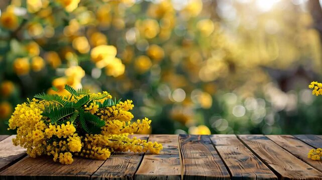 Wooden table foreground with blooming mimosa flowers and sun flare. Spring concept for background, design template, and wallpaper.