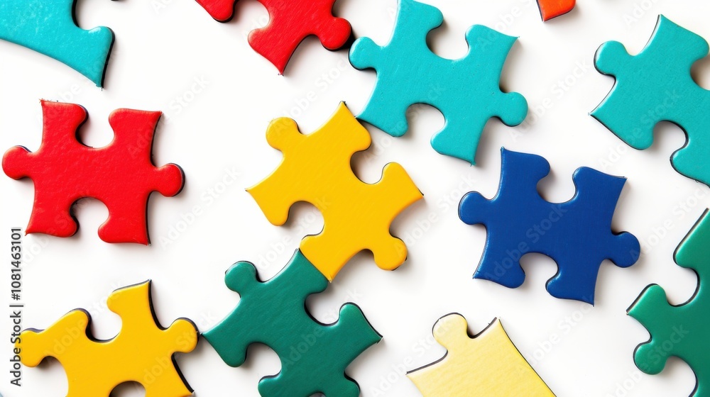 Poster a conceptual image of puzzle pieces of different colors fitting together seamlessly on a white backg