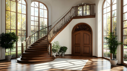 Obraz premium Elegant Wooden Staircase Ascends in Sunlit Grand Hall with Large Windows and Lush Potted Plants