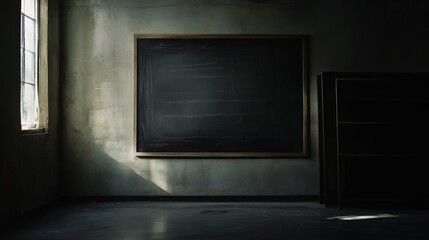 A blank chalkboard hangs in an abandoned classroom, bathed in sunlight streaming through a window.