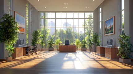 Obraz premium Spacious office with modern design, blank wall on right side, computer screen on desk, high-quality 3D rendering, no clutter