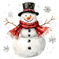cheerful snowman wearing black top hat and red scarf stands amidst falling snowflakes. Its button eyes and carrot nose add playful touch to winter scene