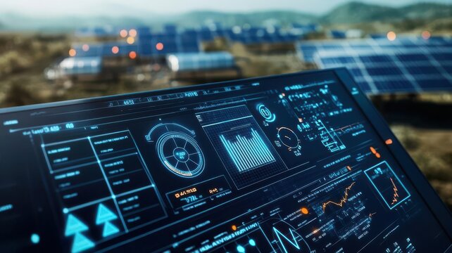 Smart Grids and Sustainable Energy Storage, A digital interface displaying real-time energy data on a smart grid network, with batteries and solar panels in the background representing energy storage