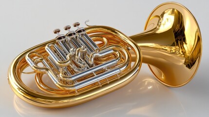 Obraz premium A shiny golden French horn on a white background.