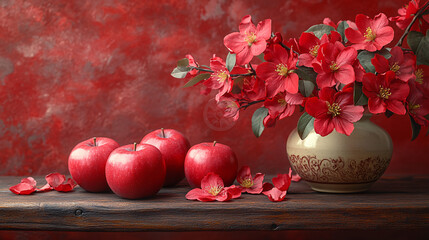 Vibrant still life with red blossoms and apples, ideal for Chinese New Year celebrations, product showcases, or inviting decor with a warm, tranquil mood.