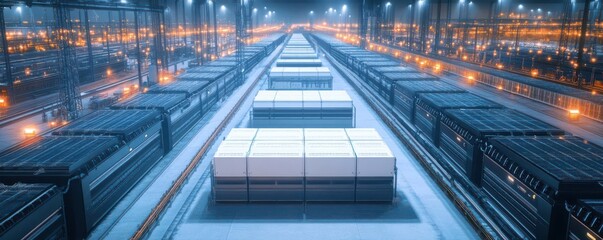 Fototapeta premium Smart Grids and Sustainable Energy Storage, A massive energy storage installation featuring rows of high-capacity batteries, stabilizing the smart grid for renewable energy sources