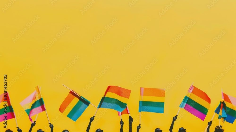 Poster A crowd of tiny silhouettes holding colorful flags on a solid yellow background representing celebration and diversity, Highlighting the joy and vibrancy of inclusive practices, minimalistic style
