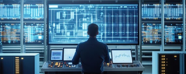 Smart Grids and Sustainable Energy Storage, A technician monitoring a control panel for a smart grid system, surrounded by energy storage units and data screens showing electricity flow