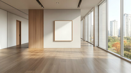Obraz premium Sunlight illuminates modern empty room with hardwood floors, large windows offering city view, and a blank framed canvas on the wall.