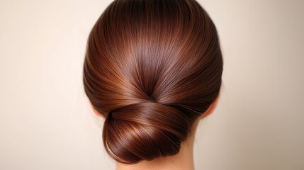 Fototapeta premium Elegant and Sleek Brown Hair Bun Style from the Back with a Smooth Finish Showcasing Glossy and Healthy Hair Texture on a Neutral Background for Beauty or Fashion Uses