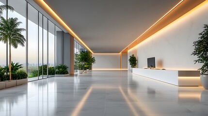 Fototapeta premium Spacious modern office featuring minimalist design, computer screen on desk, empty wall on right side, high-quality 3D rendering