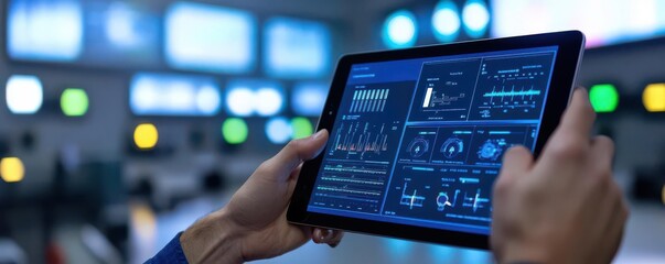 Smart Grids and Sustainable Energy Storage, Hands holding a tablet displaying smart grid analytics and battery storage status in a modern control room