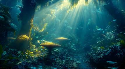 Obraz premium Glowing Fungi Illuminate a Mystical Underwater Forest Background, Digital 3D Art