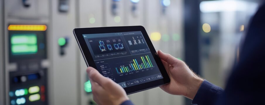 Smart Grids and Sustainable Energy Storage, Hands holding a tablet displaying smart grid analytics and battery storage status in a modern control room