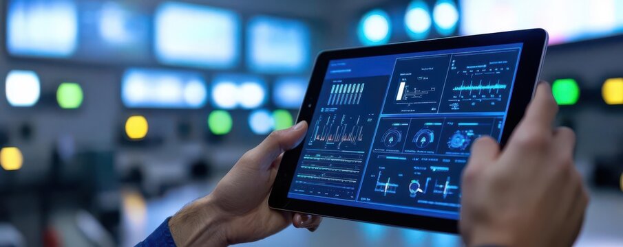 Smart Grids and Sustainable Energy Storage, Hands holding a tablet displaying smart grid analytics and battery storage status in a modern control room