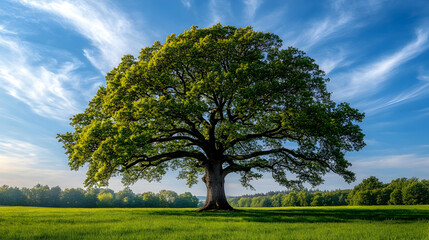 Fototapeta premium Majestic Oak Tree Stands Tall in Verdant Field Under a Blue Sky with Wispy Clouds