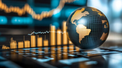 A globe sits on a screen with a financial chart behind it.